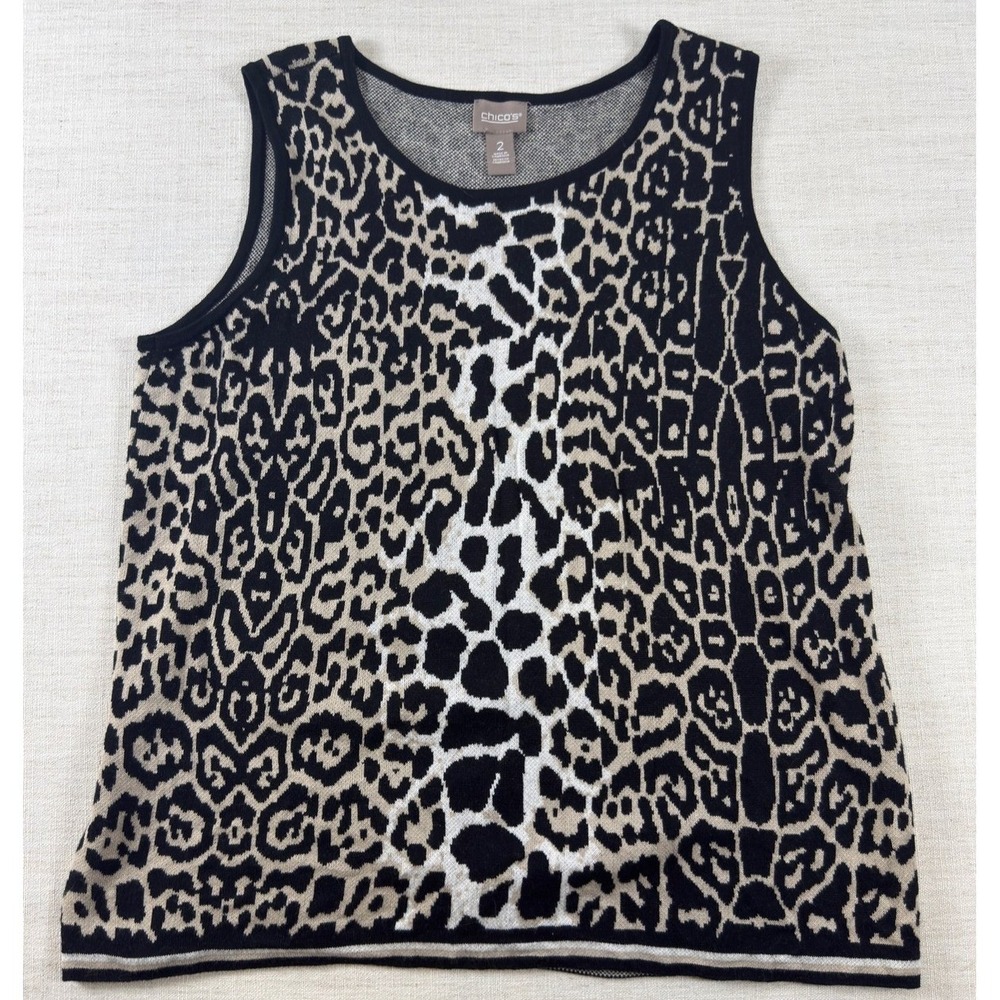 Chicos Animal Leopard Print Knit Tank Top Size 2 Black Tan Sleeveless Shell